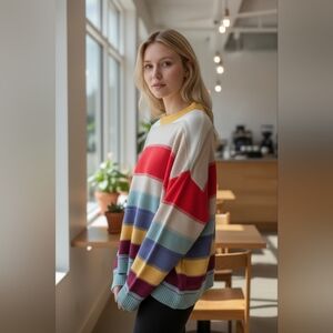 Chic Soul Multicolor Striped Crewneck Sweater, Yellow, Blue, Sz 2x